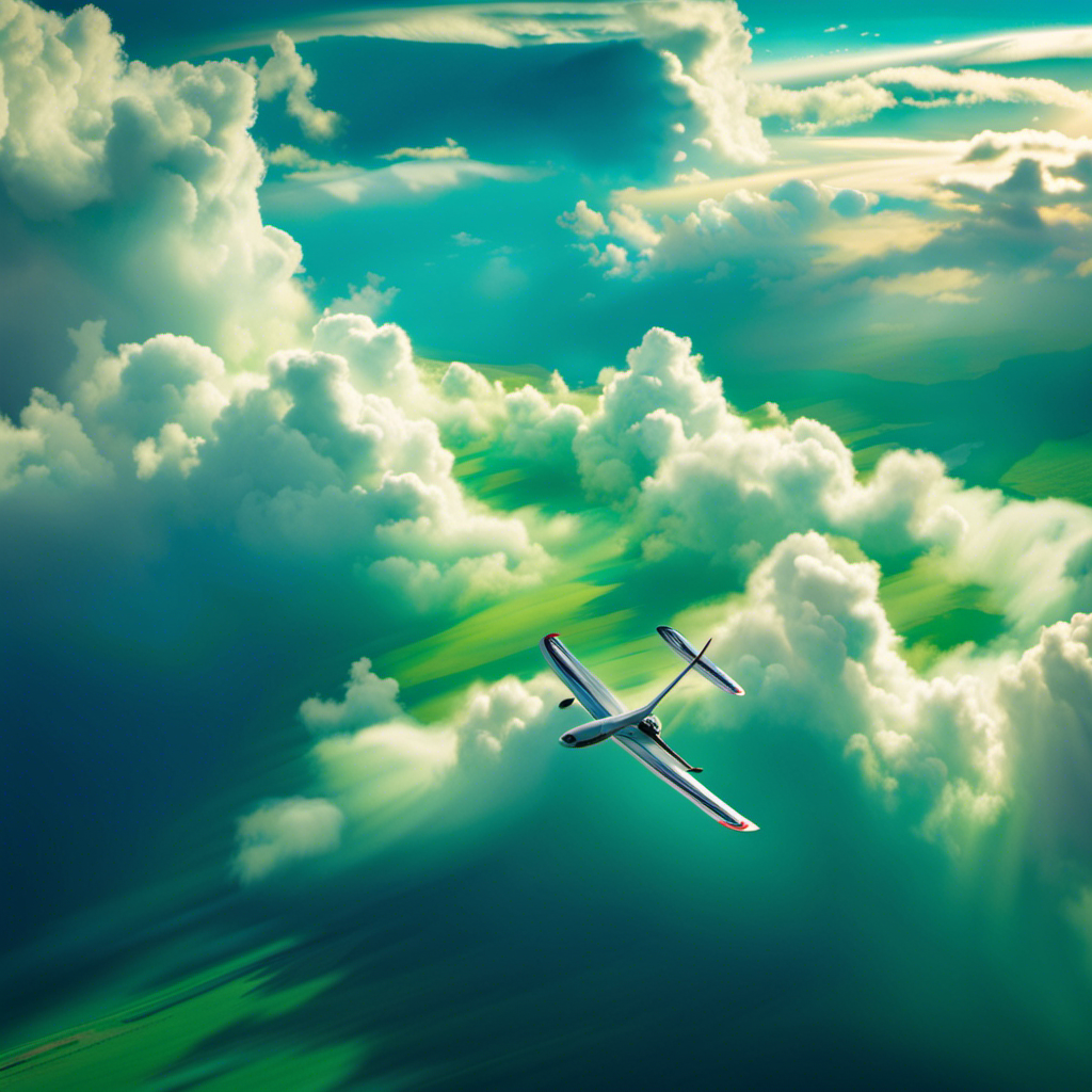 An image showcasing a vibrant blue sky with wispy clouds, a sleek glider soaring gracefully above, casting a shadow on lush green landscape below, capturing the thrilling anticipation of booking a glider flight near you