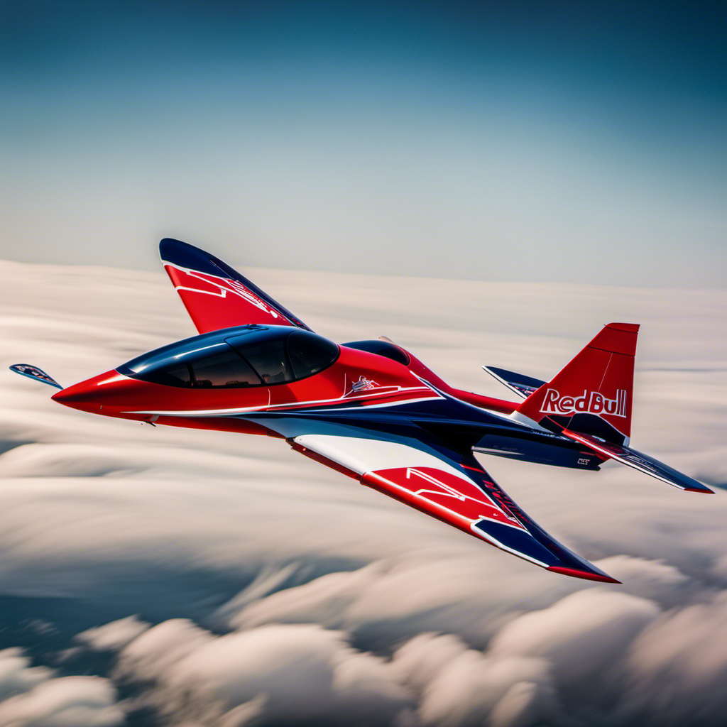 An image showcasing the sleek Red Bull Glider soaring through a cloudless cobalt sky, its vibrant red wings beautifully contrasting against the backdrop