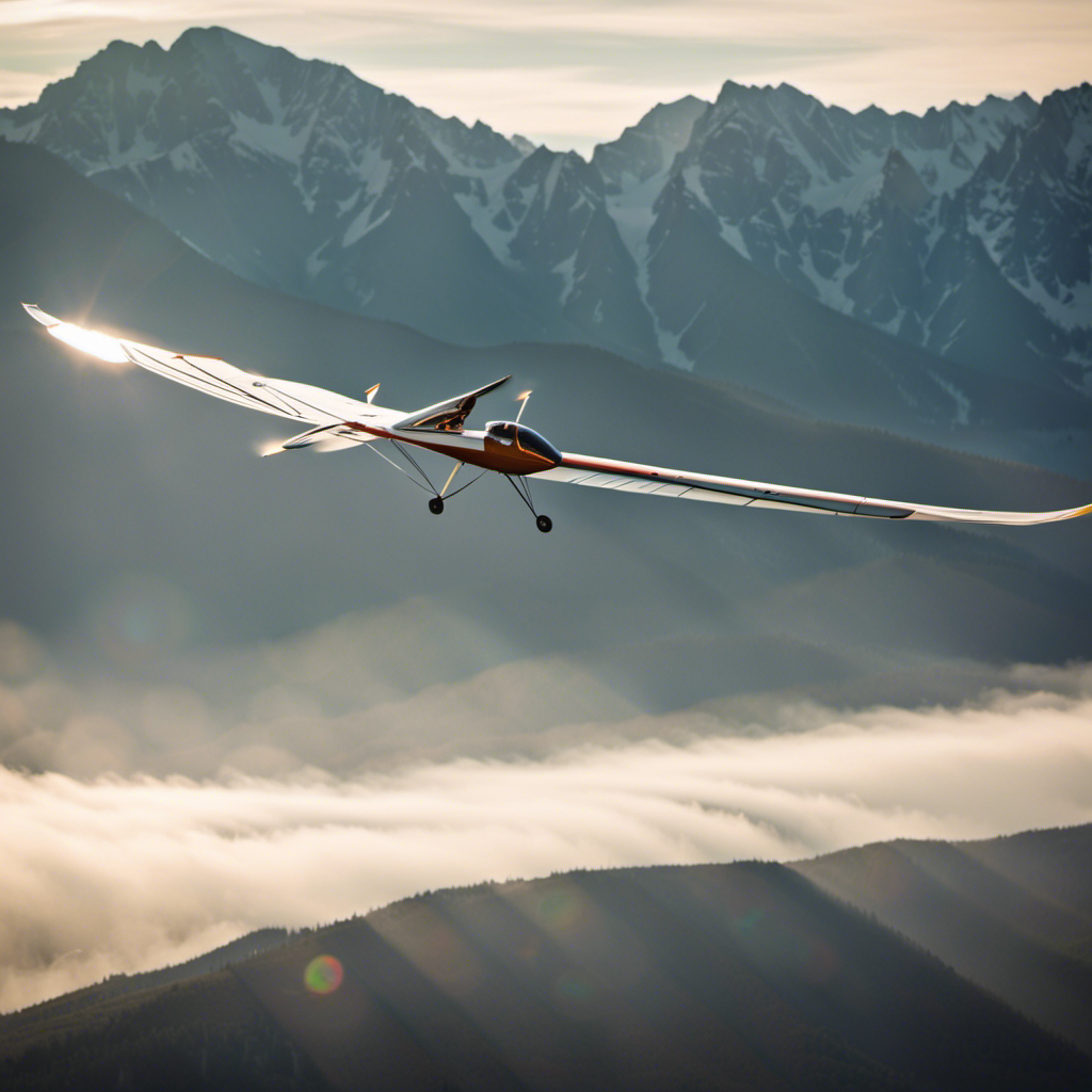 An image that captures the exhilarating sensation of ridge soaring: a glider gracefully skimming along the ridge, sunlight illuminating the majestic mountains in the backdrop, while the wind whispers through the wings