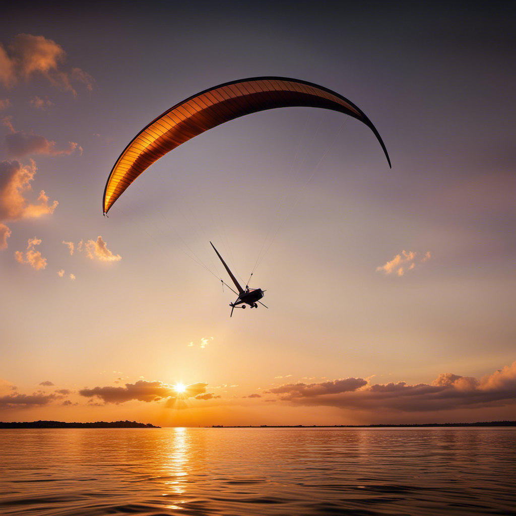 An image showcasing a sleek sail glider gracefully soaring through a vibrant sky, its slender wings illuminated by a golden sunset