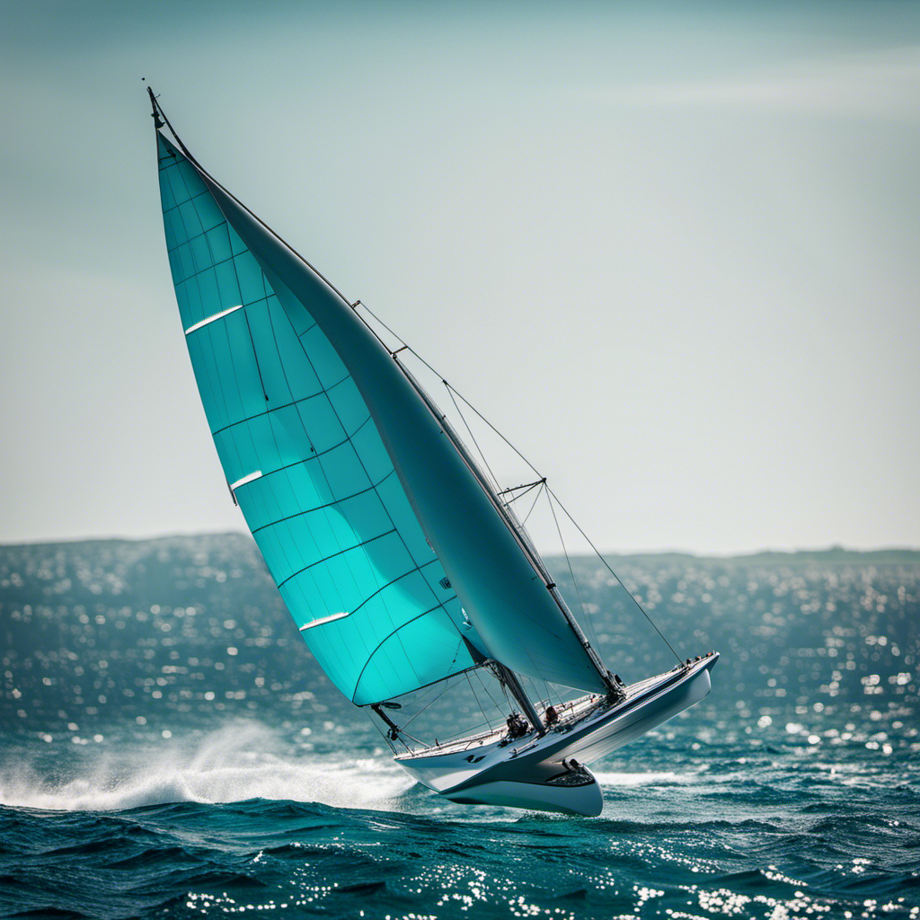 An image that captures the serene beauty of a sail glider effortlessly soaring above the glistening turquoise ocean, with its sleek hull and billowing sails showcasing the perfect fusion of sailing and gliding