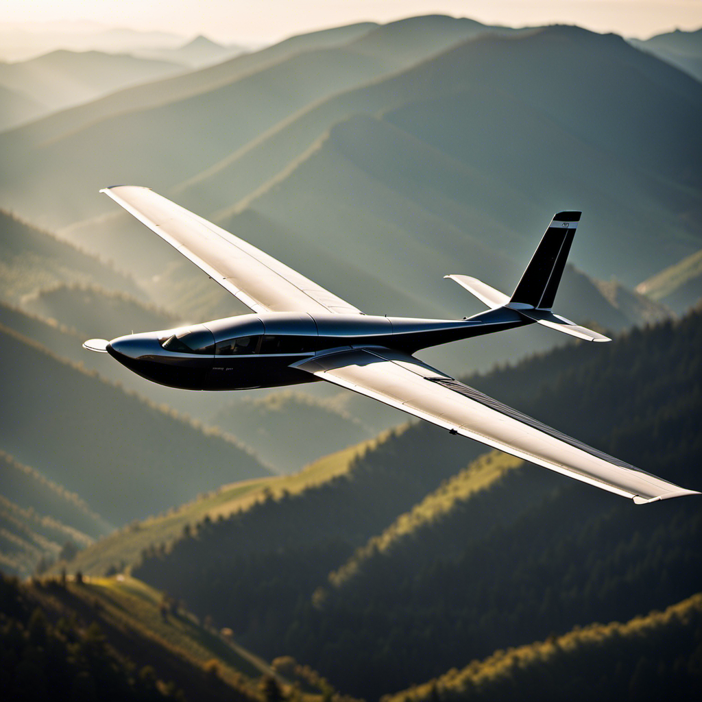 An image capturing the graceful silhouette of a sailplane soaring high above the mountains, with its sleek, aerodynamic design and extended wingspan, juxtaposed against a glider effortlessly gliding through the calm, open skies