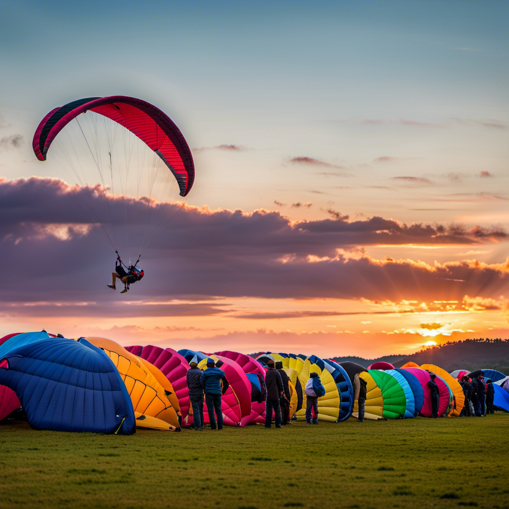 An image showcasing a vibrant market filled with rows of colorful paragliders at discounted prices