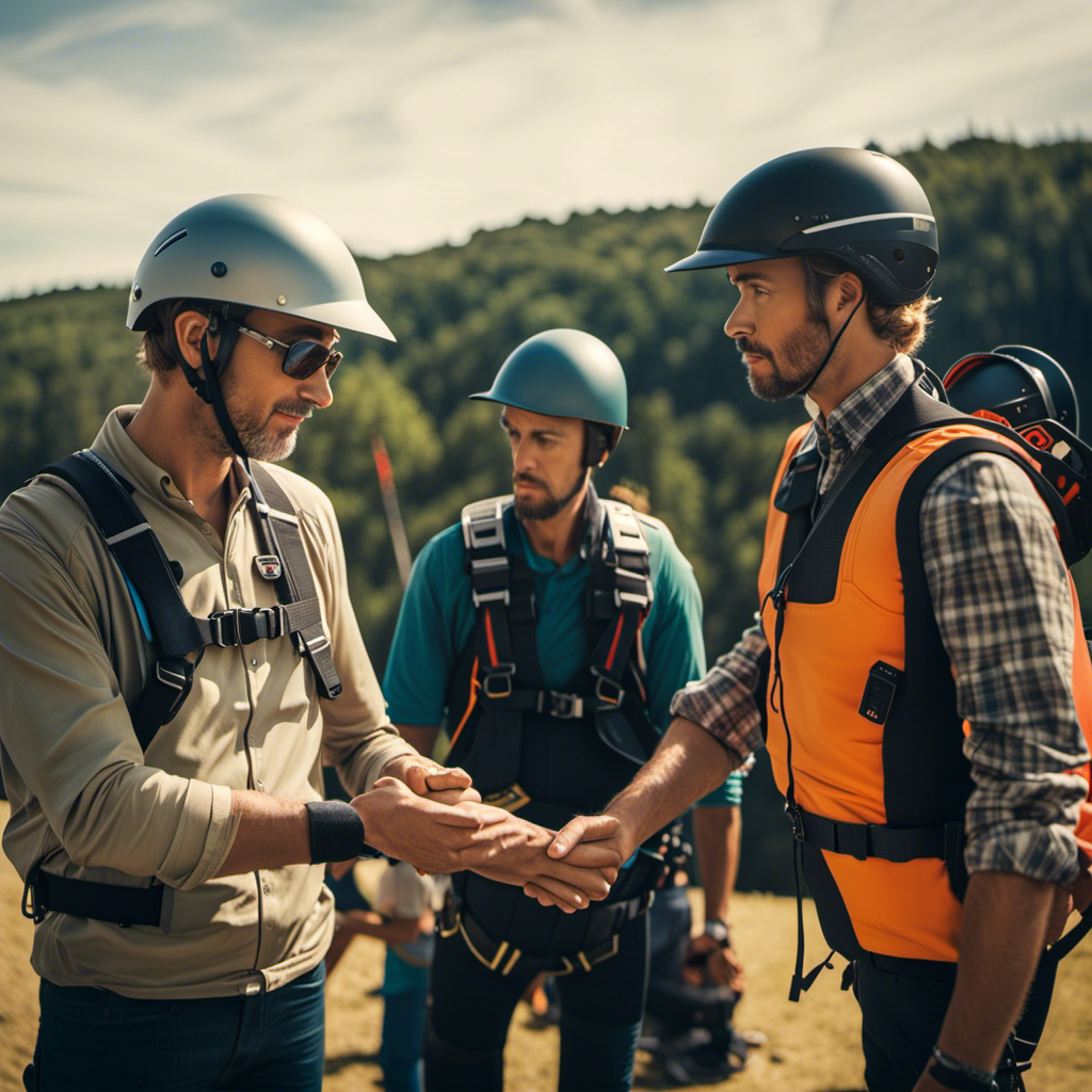 An image showcasing a hang glider instructor's reassuring hand gesturing towards a student, both wearing safety helmets, while inspecting the secure harness connections with meticulous attention to detail