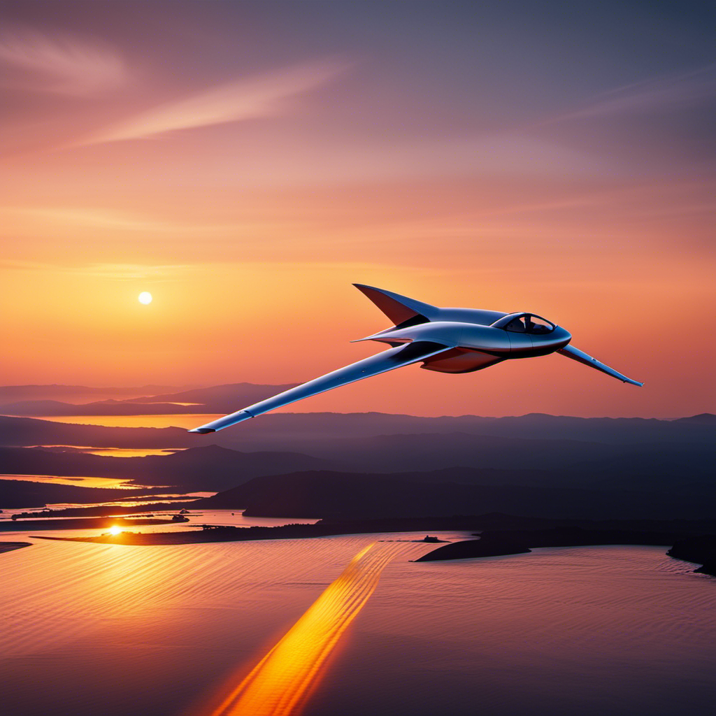 An image showcasing a sleek, aerodynamic self-launching glider soaring majestically against a vibrant sunset backdrop, with its wings gracefully extended and sunlight glinting off its polished fuselage