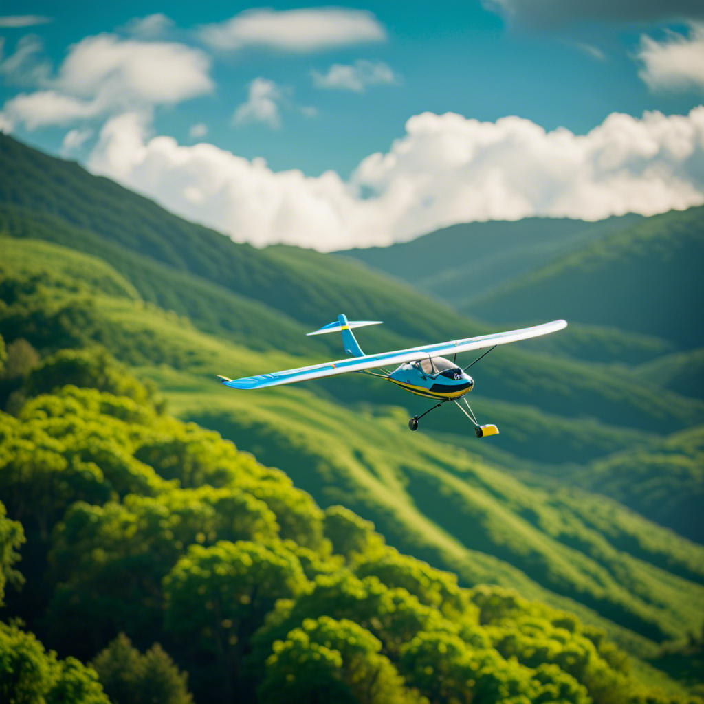 An image showcasing a serene glider soaring gracefully through vibrant blue skies, surrounded by lush green landscapes