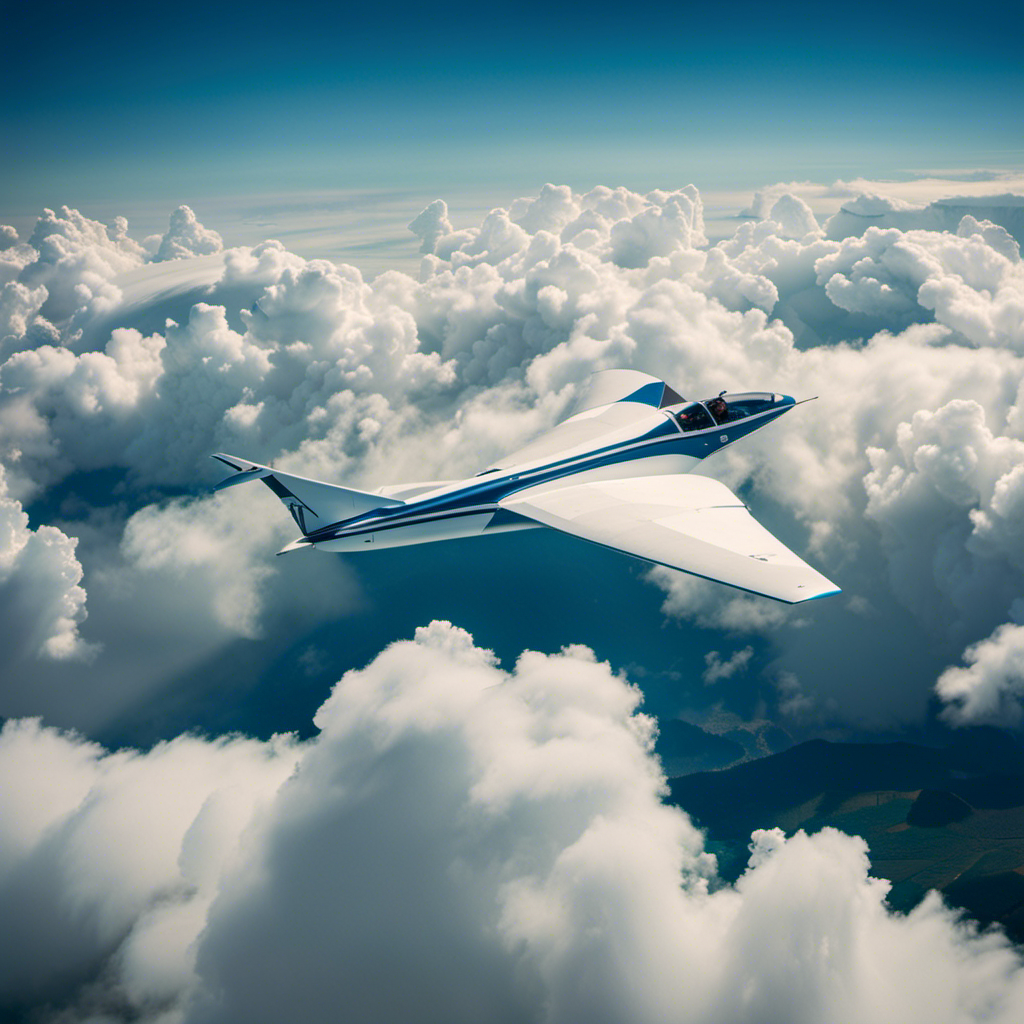 a soaring glider suspended in the vast blue sky, its sleek and aerodynamic silhouette contrasting against fluffy white clouds