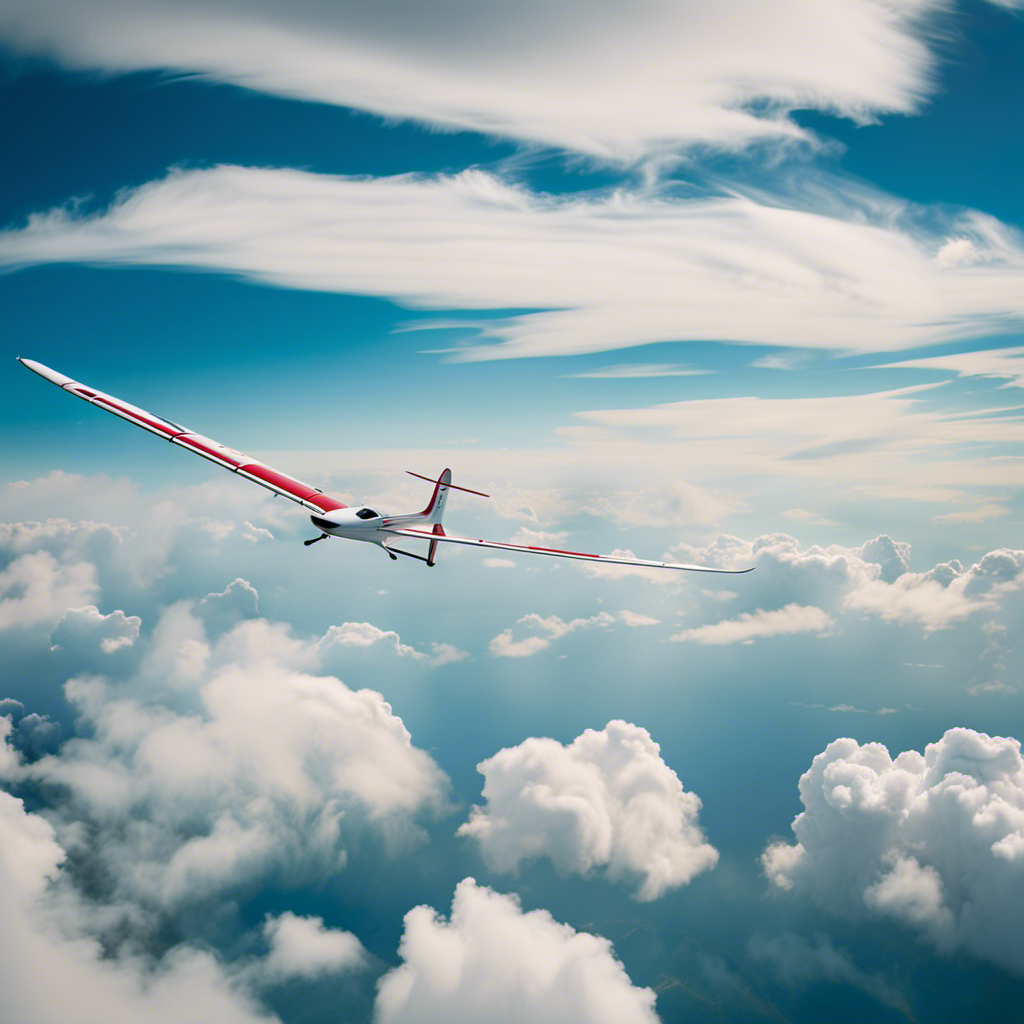 An image capturing a panoramic view of a glider soaring through a clear blue sky, with a skilled pilot confidently navigating the course amidst fluffy white clouds, showcasing the serene and exhilarating experience of the Sky Classroom