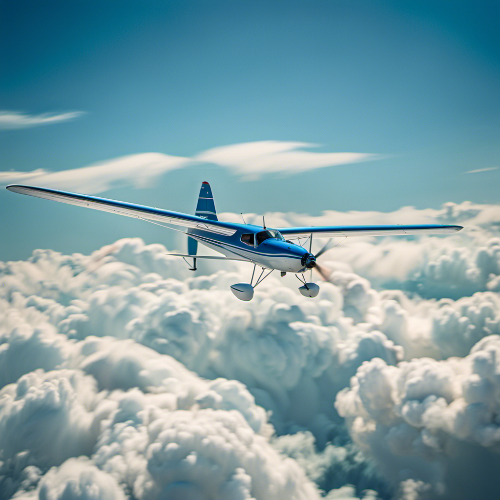 An image showcasing a vivid blue sky with a glider soaring gracefully amidst fluffy white clouds