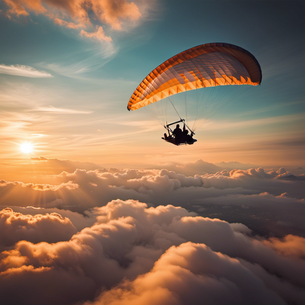 An image showcasing the thrill of sky gliding from a bird's eye view: a fearless glider soaring high amidst vibrant clouds, their body gracefully arched against the backdrop of a picturesque sunset