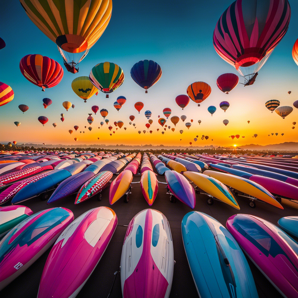 An image that showcases a breathtaking aerial view of a vibrant sky market, with rows of gliders in various colors and designs neatly lined up on display, inviting readers to explore tips on purchasing their first glider