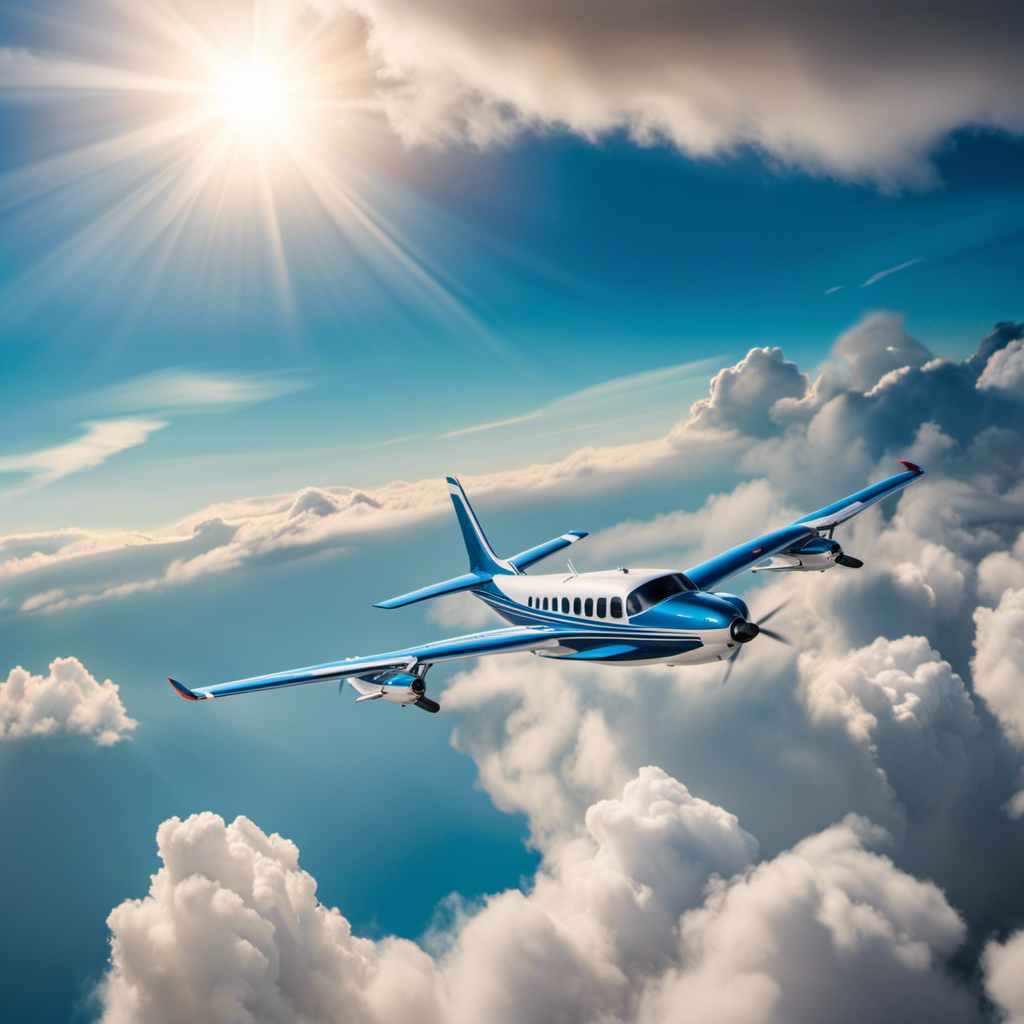 An image showcasing a vibrant blue sky with wispy clouds, framing a small airplane soaring gracefully amidst the heavens