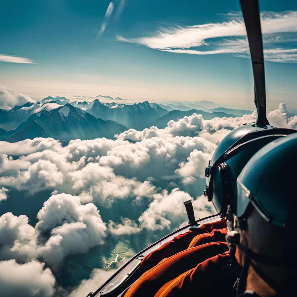 An image showcasing the breathtaking view from a glider cockpit, with a skilled pilot soaring amidst fluffy white clouds, against a backdrop of vibrant blue skies and majestic mountain ranges