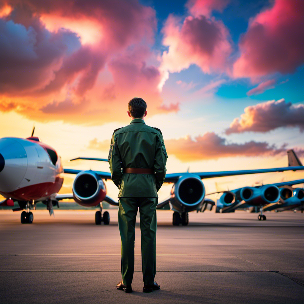 An image depicting an aspiring pilot standing on a vibrant airfield, gazing up at a mesmerizing sky filled with colorful airplanes soaring amidst fluffy clouds, evoking the exhilarating journey towards becoming a skilled aviator