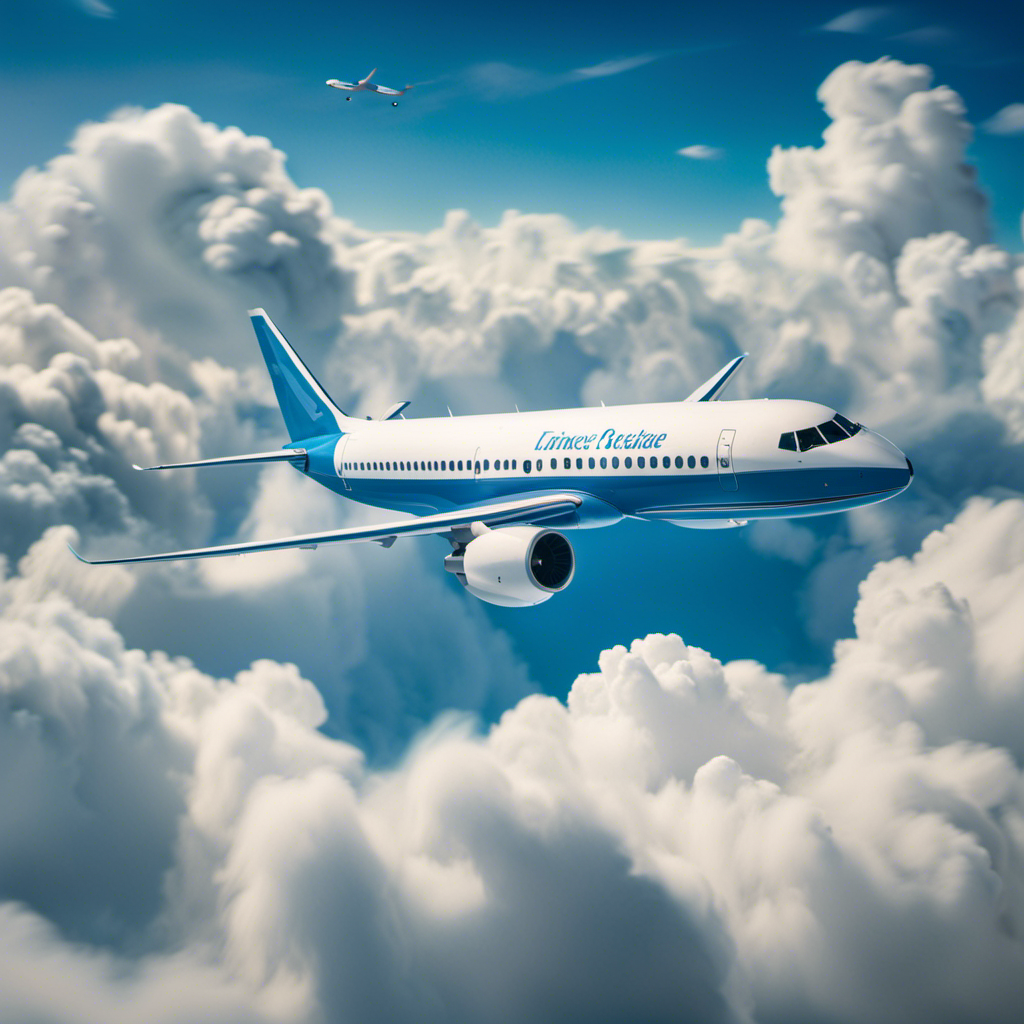 An image depicting a serene blue sky as a backdrop, with a small airplane soaring gracefully amidst fluffy white clouds