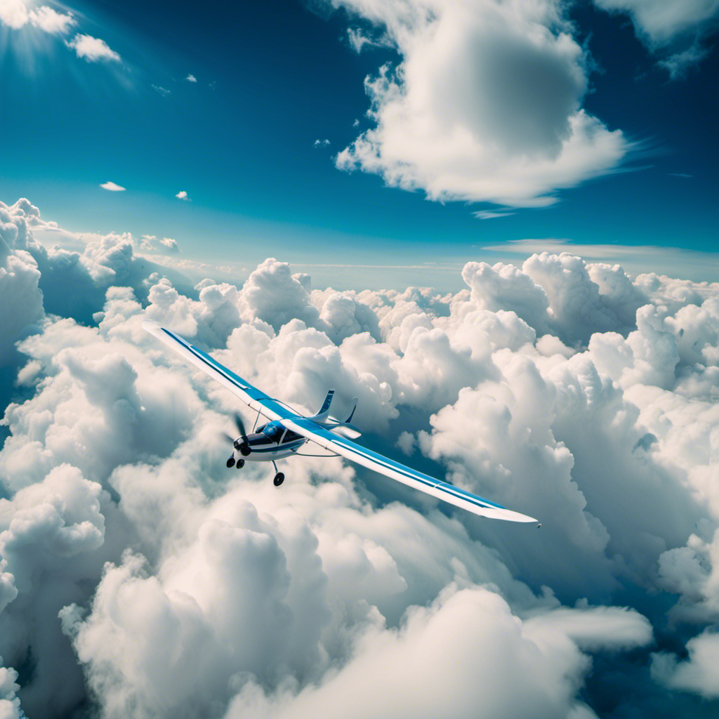 An image showcasing a vibrant blue sky as the backdrop, with a glider soaring gracefully through puffy white clouds