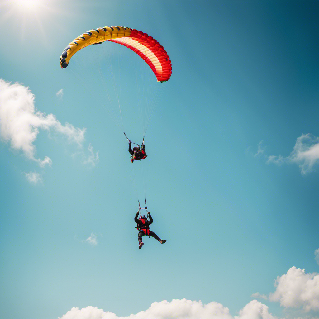 An image showcasing a colorful skydiver gracefully soaring through a cloudless, blue sky