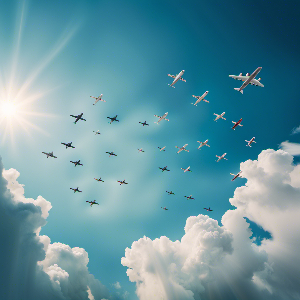 An image showcasing a vibrant blue sky filled with soaring airplanes of various types and sizes, with enthusiastic aviation enthusiasts gathered on the ground, engrossed in key aviation lookup resources like charts, manuals, and online databases