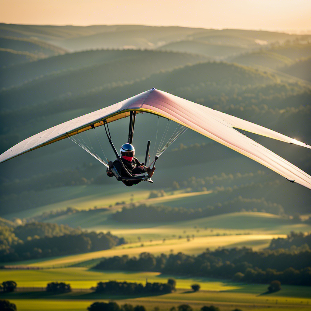 An image capturing the essence of a small hang glider in flight; the sleek, aerodynamic frame slicing through the air, the pilot's exhilarated expression, and the vibrant landscape below, showcasing the glider's agility and thrill