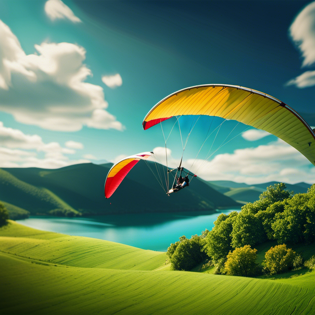 An image showcasing a serene landscape with a colorful small hang glider soaring gracefully through the clear blue sky, surrounded by lush green hills and a sparkling river, inviting readers to embark on an unforgettable weekend adventure