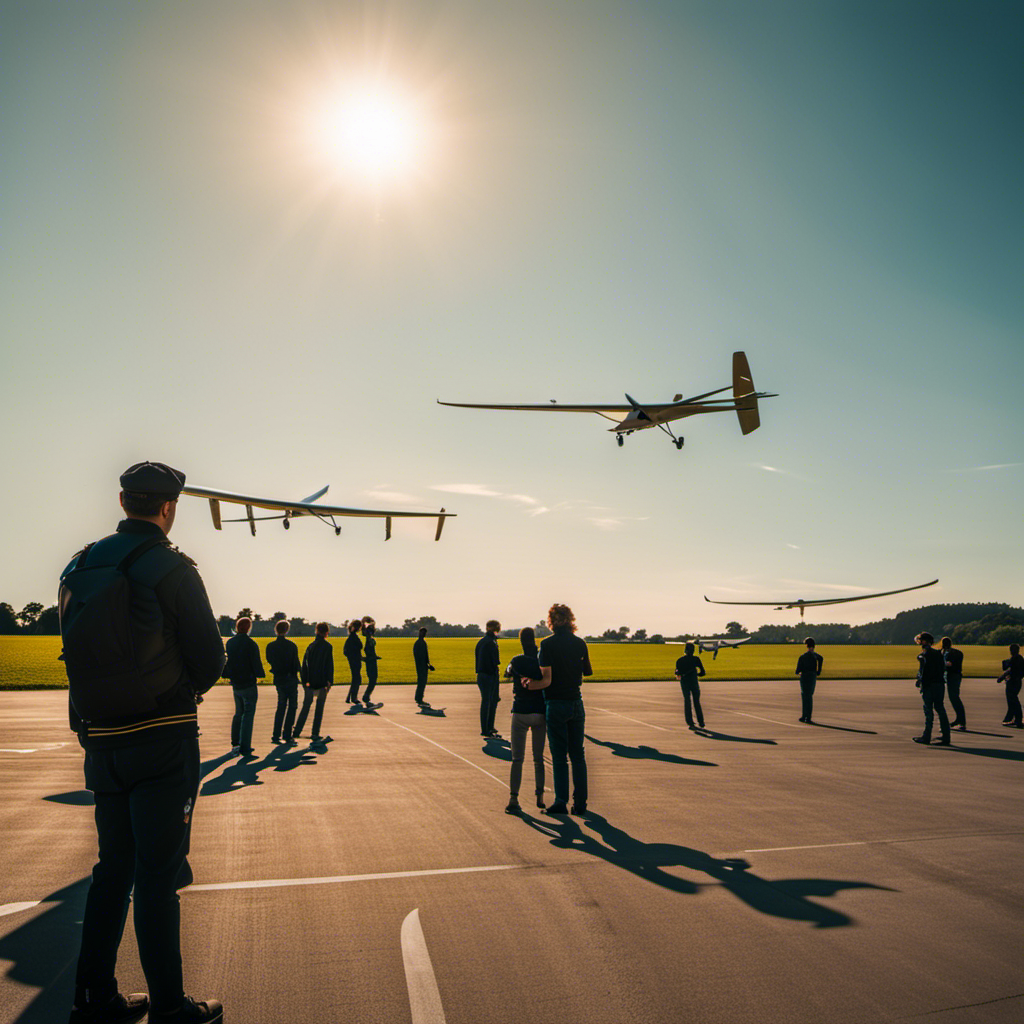 An image showcasing a sun-kissed airfield with gliders lining up, their wings soaring gracefully against a vibrant blue sky