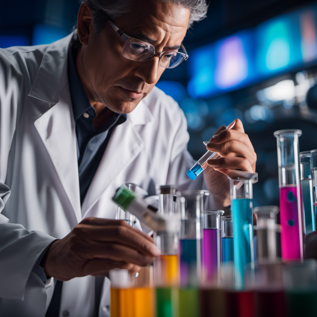 An image that captures the essence of Soarin Smells: The Science Behind The Scents, featuring a close-up shot of a scientist analyzing a colorful assortment of test tubes filled with aromatic liquids