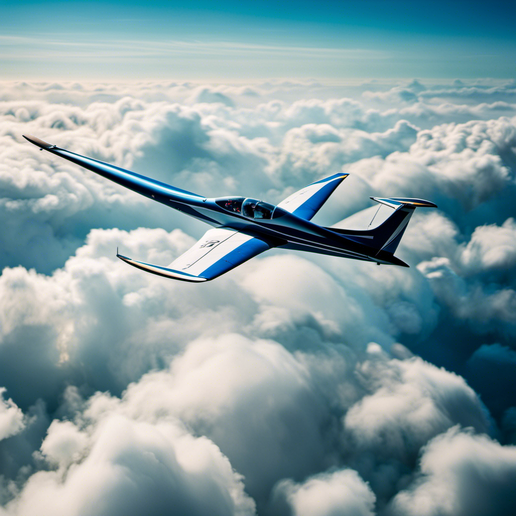 An image capturing the exhilarating world of soaring: a glider gracefully soaring through the azure sky, with its sleek wings cutting through the clouds, and the pilot's face radiating sheer joy