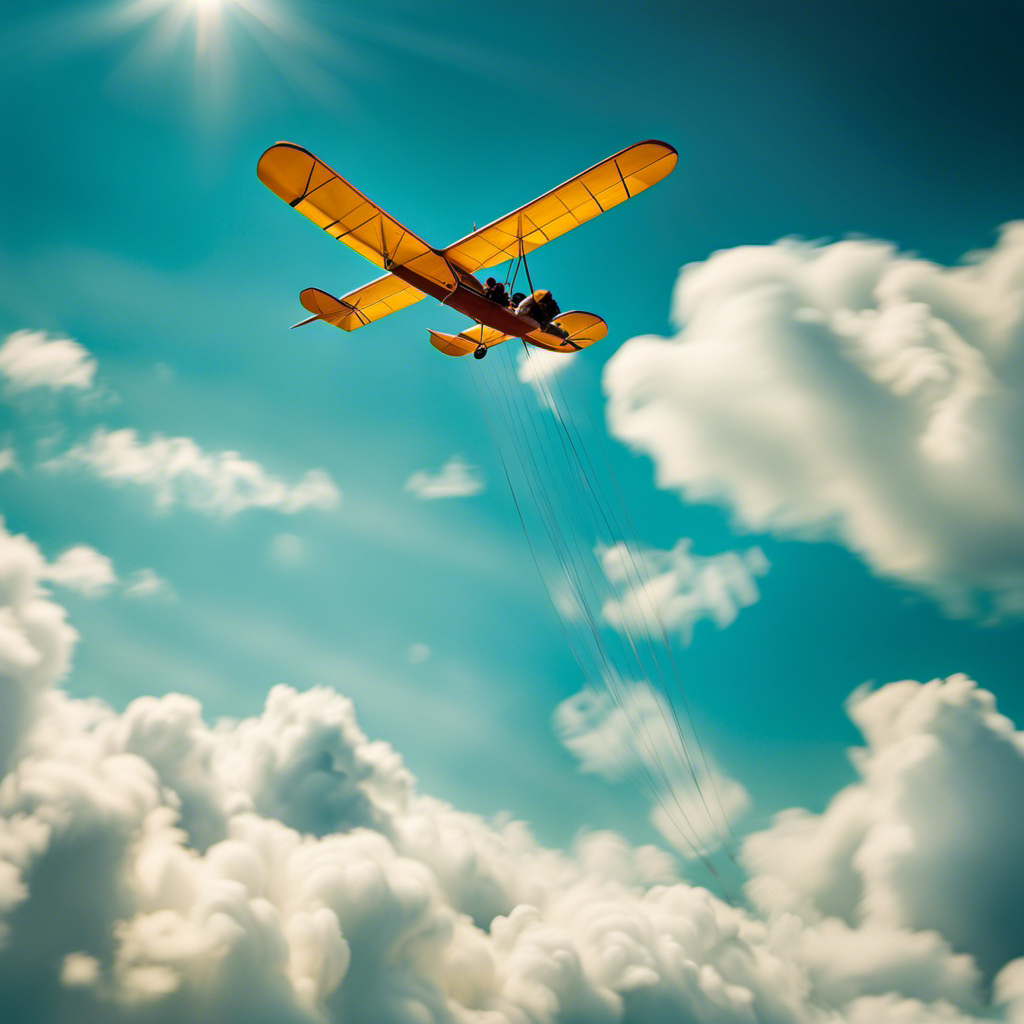 An image capturing the exhilaration of gliding through the vast cerulean sky, with a glider gracefully maneuvering amidst fluffy white clouds, sunlight casting a golden glow, and a beaming pilot relishing the joyous freedom