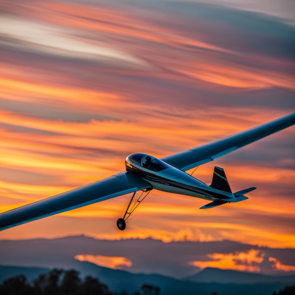 the exhilarating thrill of glider rides with an image of a sleek, aerodynamic glider soaring across a vibrant sunset sky, its wings gracefully slicing through the air as the pilot revels in the unforgettable adventure