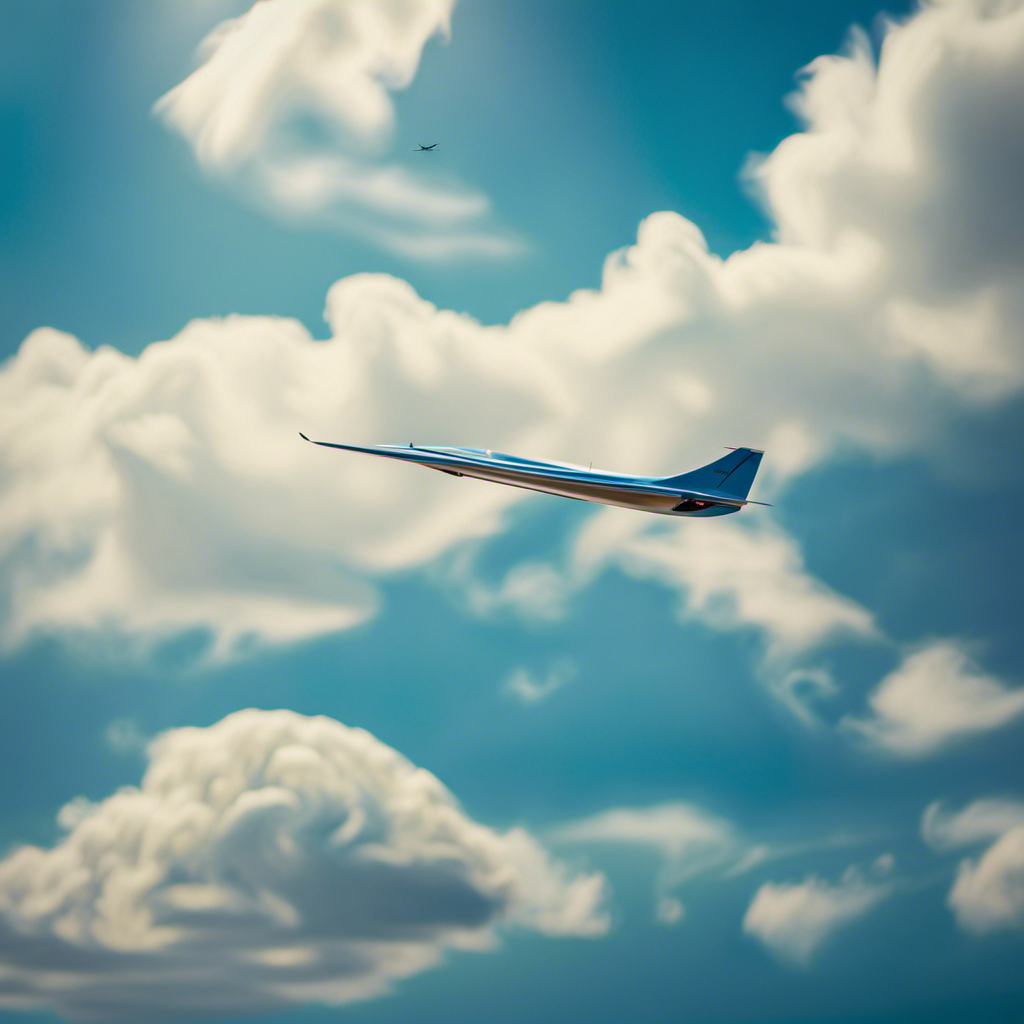 An image showcasing a sleek, aerodynamic glider soaring effortlessly through the clear blue sky, its slender wings outstretched and sunlight glinting off its polished fuselage, embodying the essence of grace and freedom