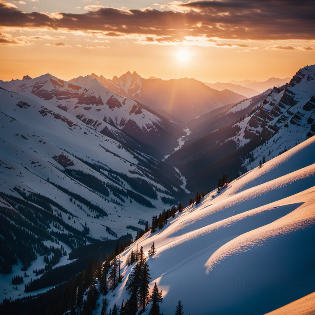 the breathtaking beauty of the Rockies from above: a glider gracefully dances through the sky, framed by snow-capped peaks and vibrant alpine meadows, while the sun sets in a fiery symphony of colors