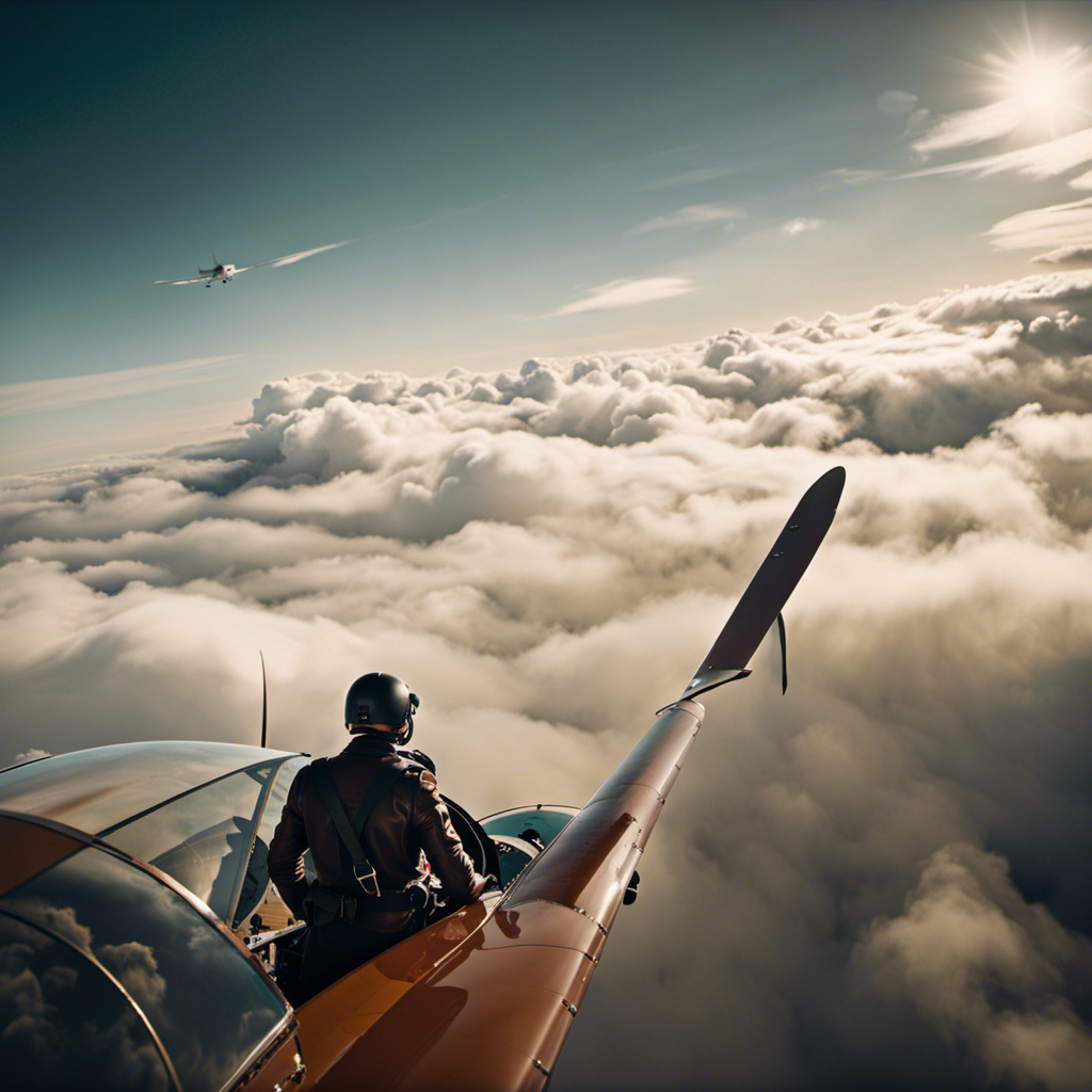 An image of a fearless pilot, clad in a leather jacket, confidently maneuvering a single-engine plane through a cloud-dotted sky, with a backdrop showcasing the sprawling beauty of nature and the endless possibilities of flight