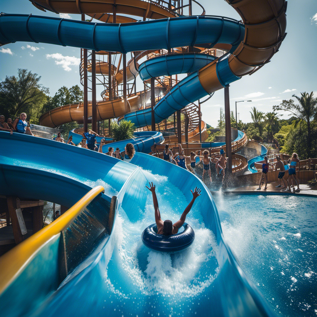 An image showcasing a thrilling water slide with a twisting, spiraling blue tube surrounded by cascading waterfalls and excited visitors enjoying the exhilarating ride at Sorry Eagle Waterpark