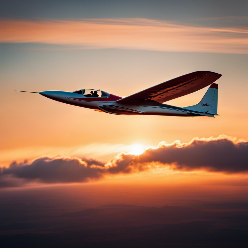 An image capturing a breathtaking moment of a glider soaring gracefully through a vibrant sunrise sky, its sleek and aerodynamic design elegantly slicing through the air, evoking a sense of awe and wonder