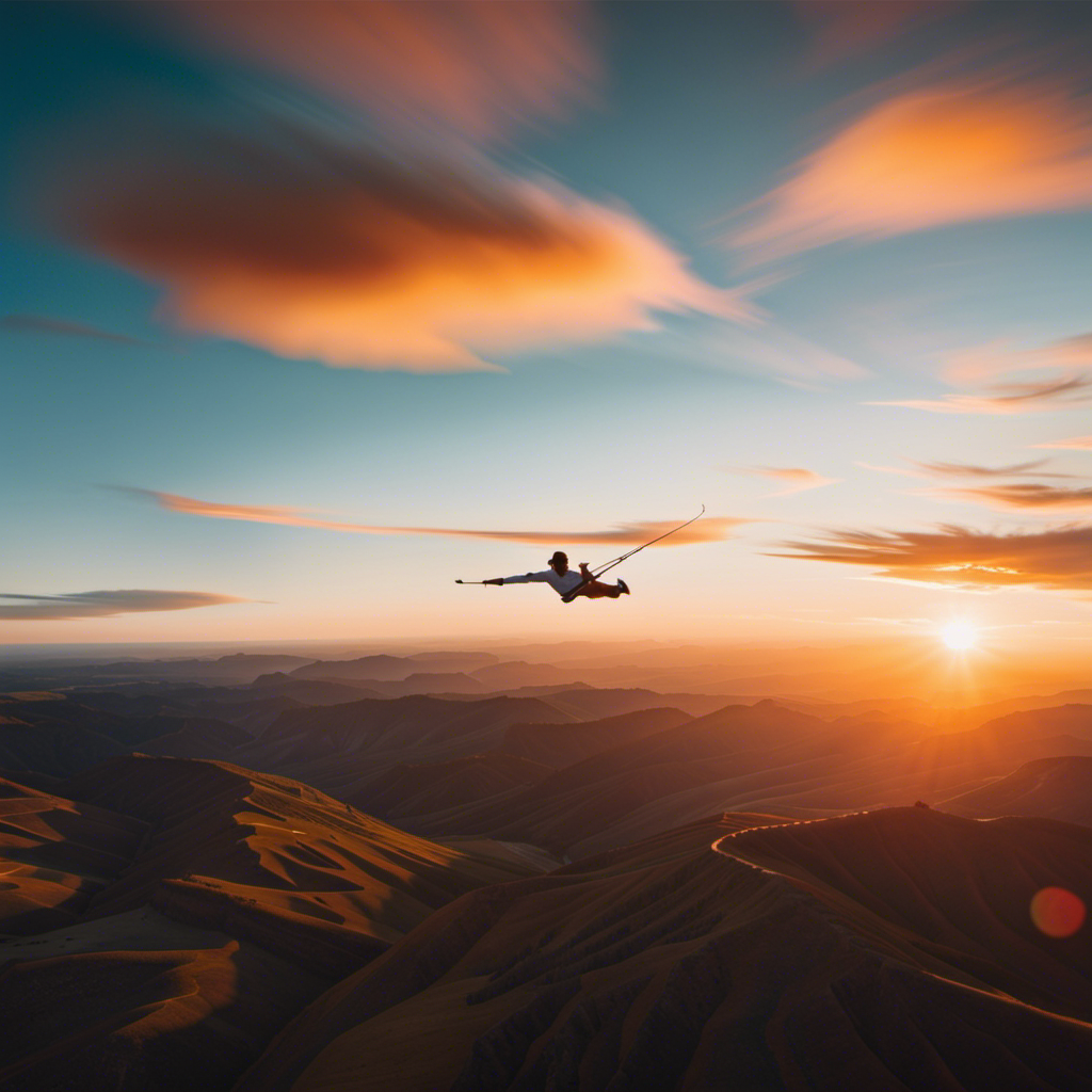 An image showcasing the thrill of speed gliding: a fearless athlete, suspended in mid-air, streaking through a vibrant sunset-filled sky, their streamlined body slicing through the wind with exhilarating precision
