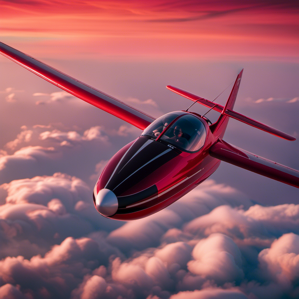 An image showcasing the glider's versatility and thrill: Capture a breathtaking view of a glider soaring effortlessly through the vibrant crimson sunset, emphasizing its graceful aerodynamics and giving a sense of the exhilarating adventure it offers