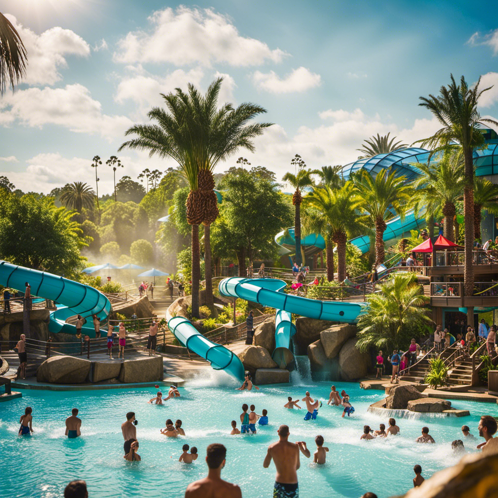An image showcasing the vibrant atmosphere of Spring Eagle Water Park: families splashing in crystal-clear pools, exhilarating water slides twisting through lush greenery, and sun-kissed visitors enjoying refreshing treats by the picturesque wave pool