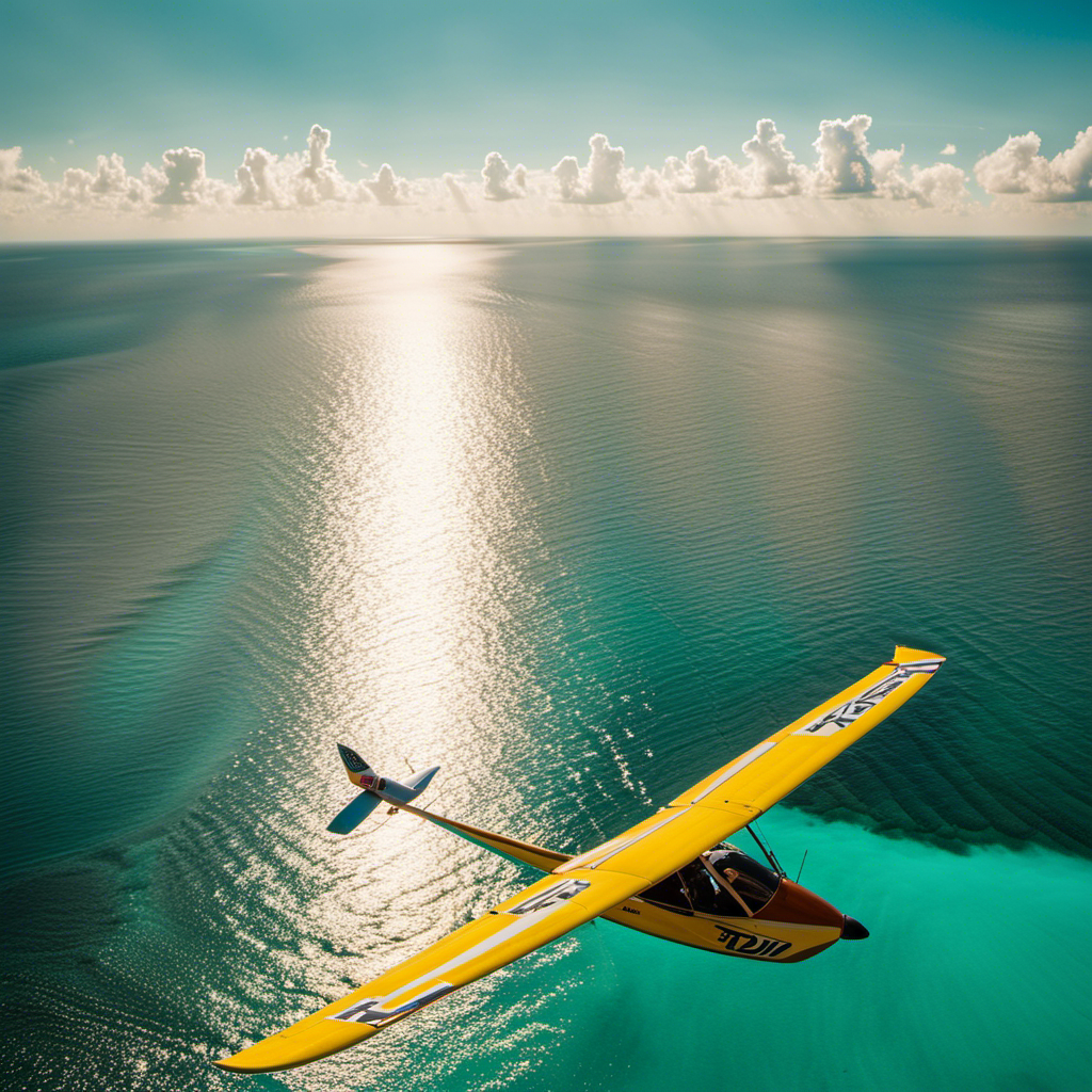 An image showcasing a vibrant glider soaring above the glistening turquoise waters of Florida, with the sun casting a golden glow on the tranquil landscape, capturing the exhilaration of glider training in the Sunshine State