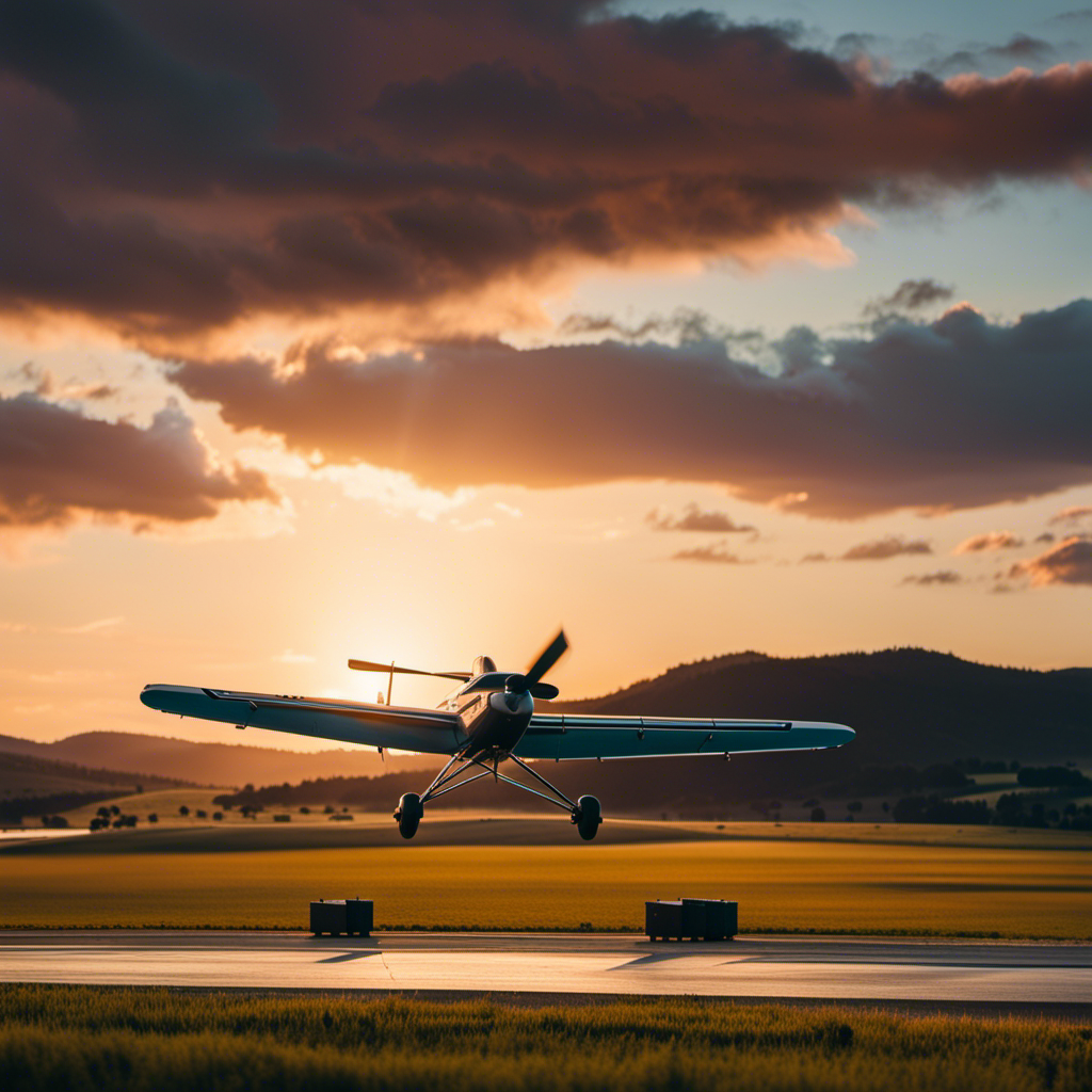 An image of a vibrant sunset casting a golden glow over a picturesque airfield nestled among rolling hills, with a small aircraft soaring into the sky, inviting readers to explore the top places to learn how to fly in their vicinity