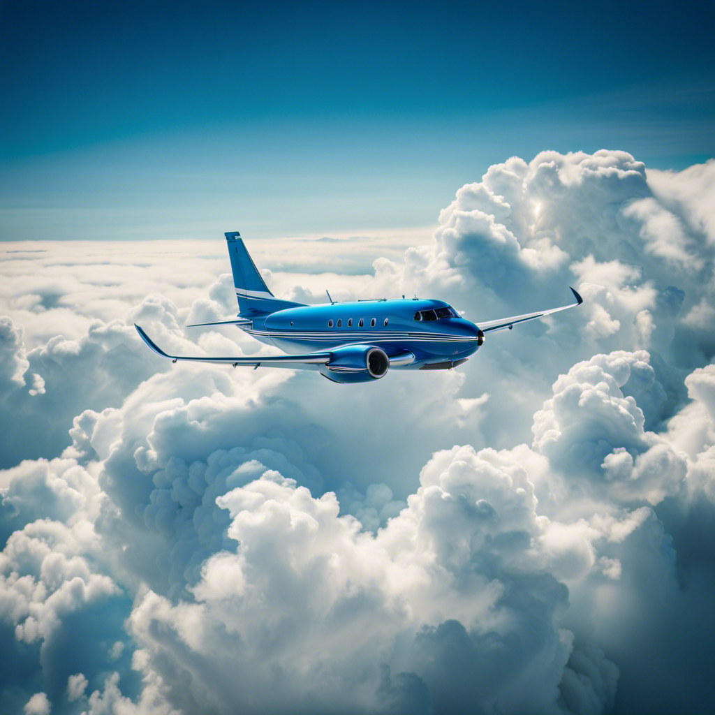 An image of a vibrant blue sky with a small airplane soaring gracefully amidst fluffy white clouds