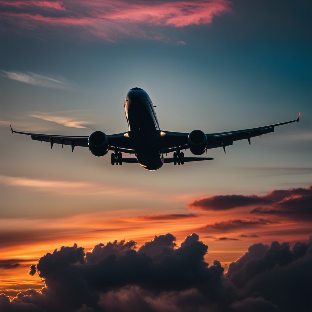 An image showcasing a vibrant sunset sky, with a silhouette of an airplane soaring gracefully amidst the clouds