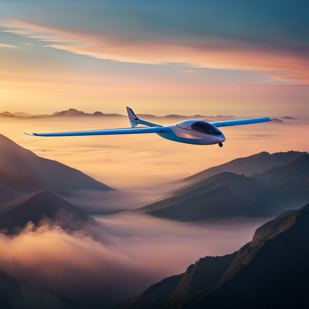 An image showcasing a serene landscape at dawn, with a sleek electric self-launch glider soaring gracefully into the sky