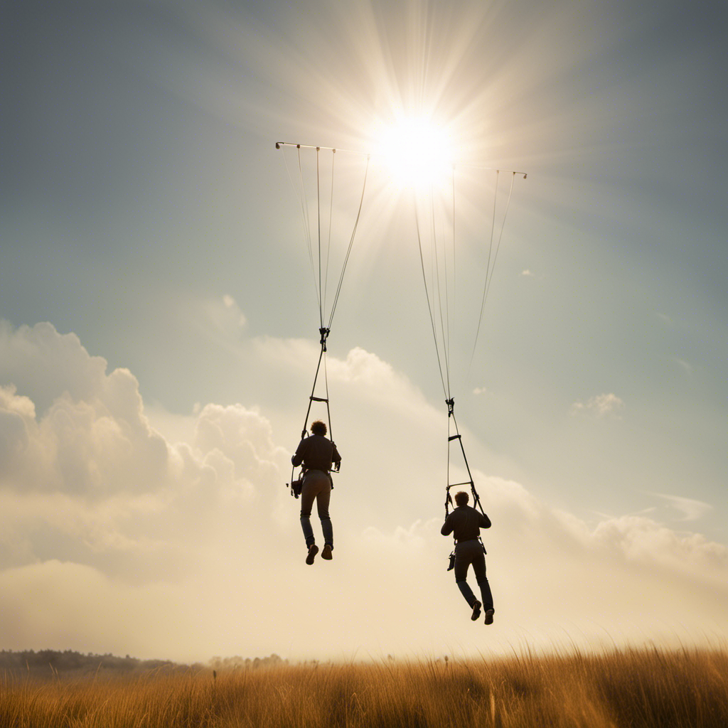 E depicting a serene landscape with two people, harnessed and suspended in the air, gliding effortlessly through the sky