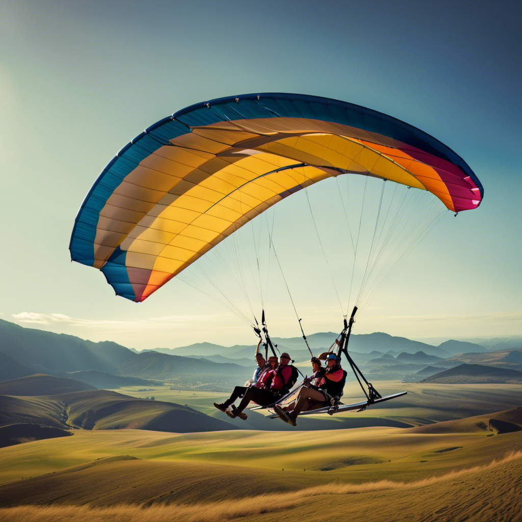 Capture the exhilarating thrill of tandem hang gliding by depicting two individuals soaring through the sky, their bodies gracefully suspended beneath colorful glider wings, surrounded by vast open landscapes and a backdrop of mountains