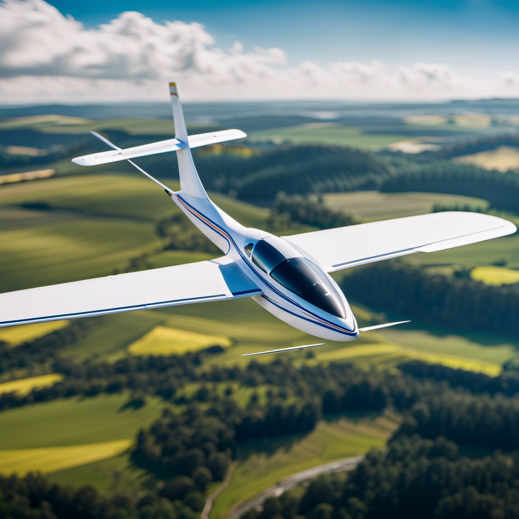 An image showcasing a sleek, aerodynamic single-seat self-launching glider soaring effortlessly through the clear blue sky above a picturesque landscape, demonstrating the freedom, efficiency, and thrill of this cutting-edge aircraft