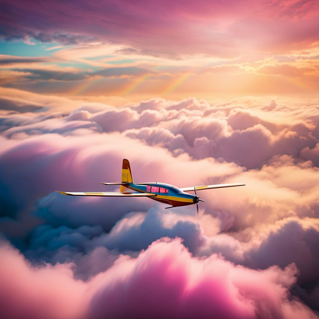 An image capturing the exhilaration of soaring through cotton candy clouds in a sleek glider plane, as sunlight dances on its polished wings, showcasing nature's canvas painted in vibrant hues of gold and azure