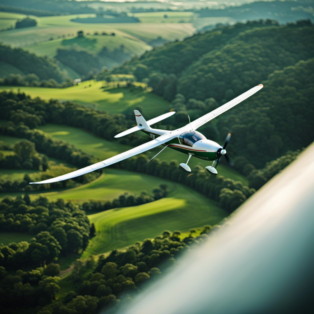 An image capturing a glider gracefully descending over a lush green landscape, its wings gently slicing through the air as the pilot expertly maneuvers towards the landing strip, showcasing the artistry of glider landings