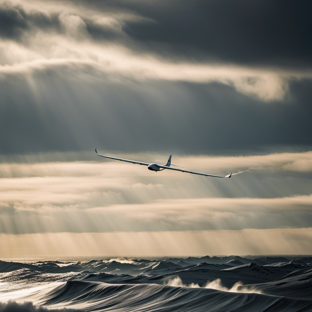 An image capturing the awe-inspiring moment of a glider gracefully soaring through the air, skillfully maneuvering between rolling waves of clouds, showcasing the intricate techniques of glider wave soaring