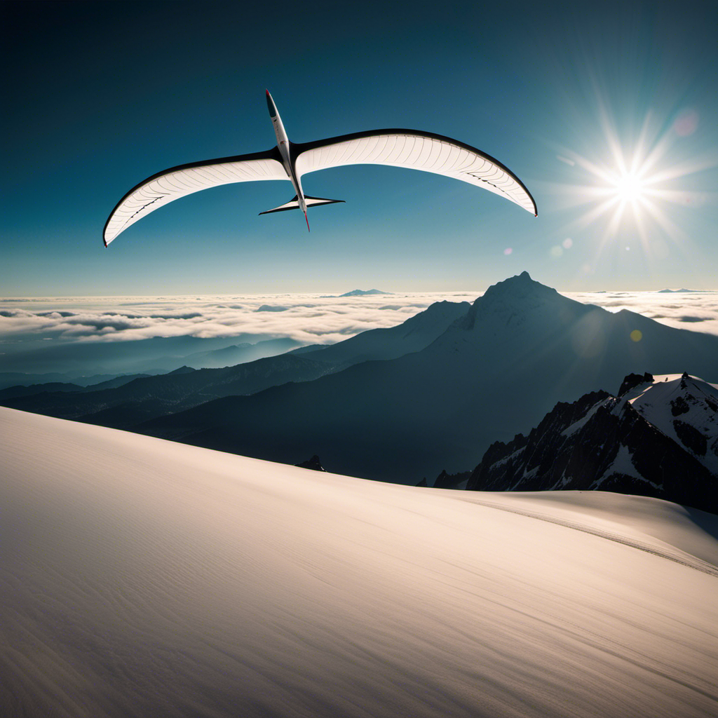 An image capturing the sleek silhouette of the Atos Glider soaring gracefully through the azure sky, its aerodynamic curves and glistening wings contrasting against a backdrop of wispy clouds and distant mountain peaks
