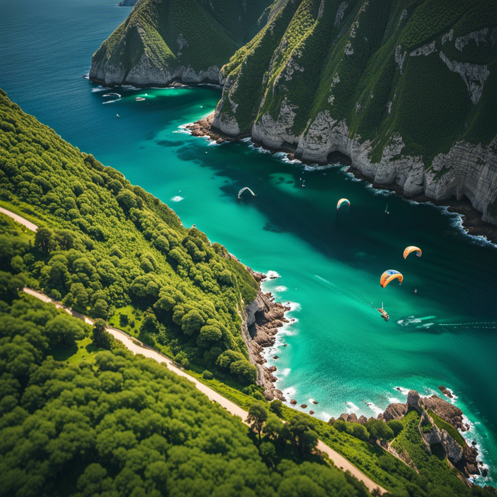 An image showcasing a breathtaking aerial view of a serene coastal landscape, with vibrant green cliffs, sparkling azure waters, and skilled paragliders soaring gracefully through the sky, capturing the essence of the best paragliding spots near you